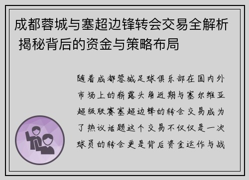 成都蓉城与塞超边锋转会交易全解析 揭秘背后的资金与策略布局